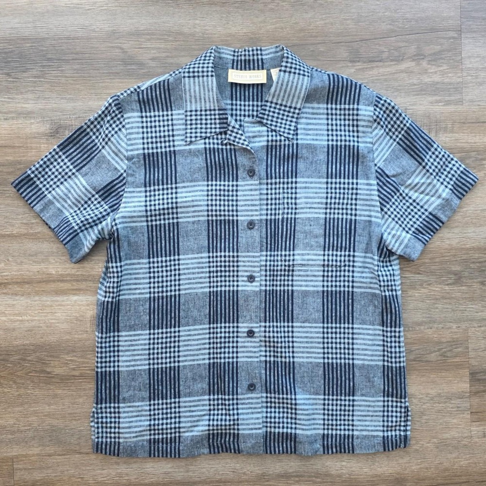 Studio Works Vintage Blue Plaid Linen Blend Short Sleeve Button Down Shirt Small